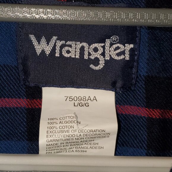 Wrangler Men's Large Pearl Snap Long Sleeve Blue/Red Plaid Flannel Shirt - Picture 2 of 6